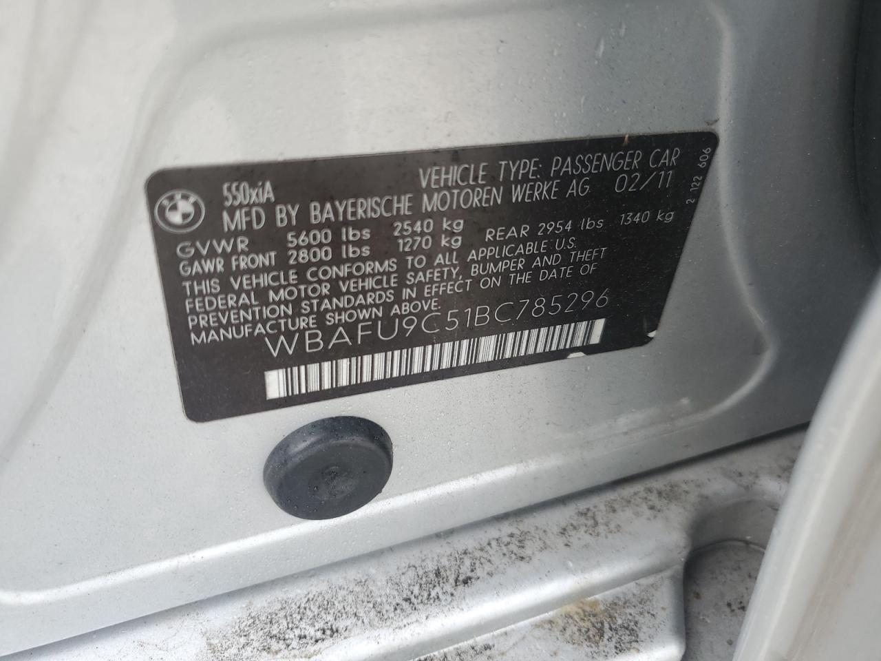 2011 BMW 550 Xi VIN: WBAFU9C51BC785296 Lot: 66170765