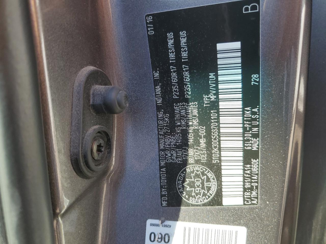 2016 Toyota Sienna VIN: 5TDZK3DC5GS701101 Lot: 62459465