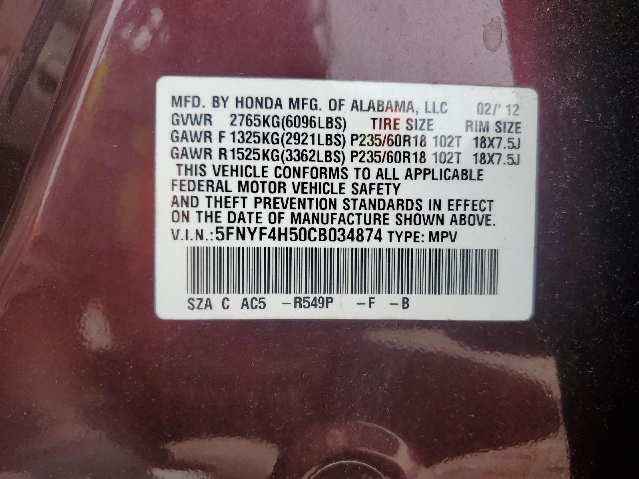 2012 Honda Pilot Exl VIN: 5FNYF4H50CB034874 Lot: 65270925