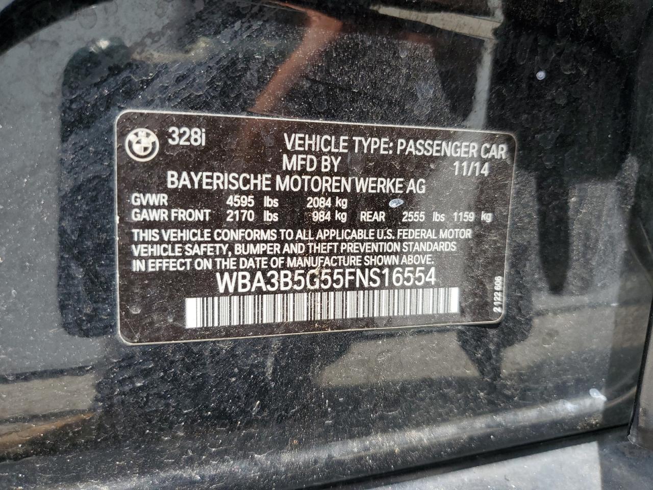 2015 BMW 328 Xi Sulev VIN: WBA3B5G55FNS16554 Lot: 64237395