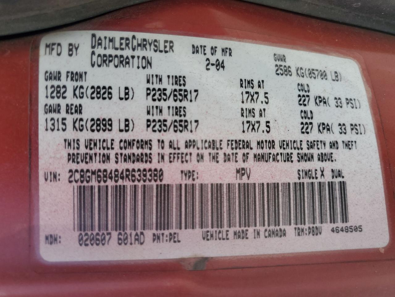 2004 Chrysler Pacifica VIN: 2C8GM68484R639380 Lot: 61664525