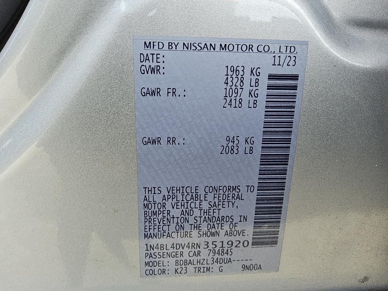 2024 Nissan Altima Sv VIN: 1N4BL4DV4RN351920 Lot: 64558305