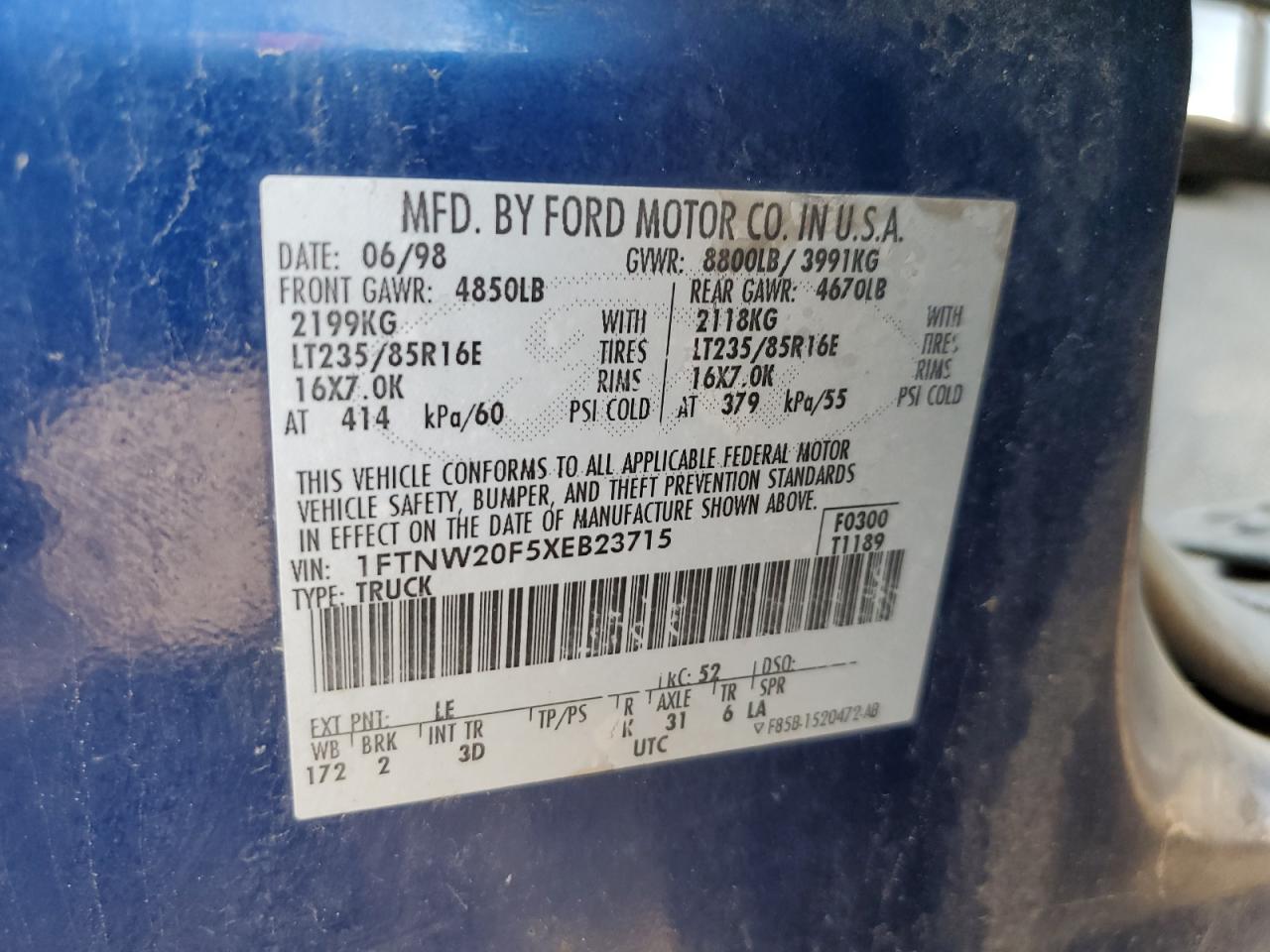 1999 Ford F250 Super Duty VIN: 1FTNW20F5XEB23715 Lot: 65466735