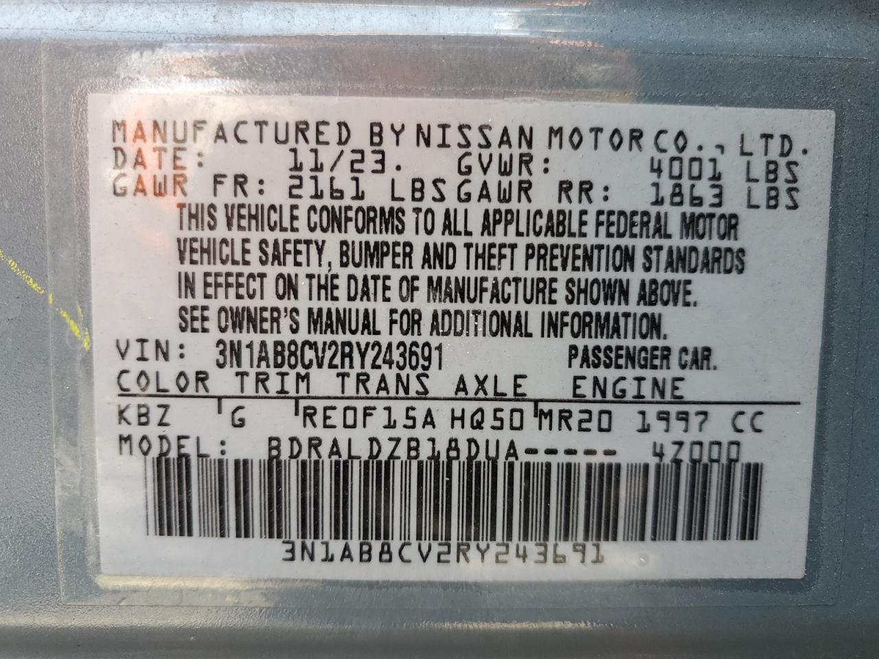 2024 Nissan Sentra Sv VIN: 3N1AB8CV2RY243691 Lot: 64579835