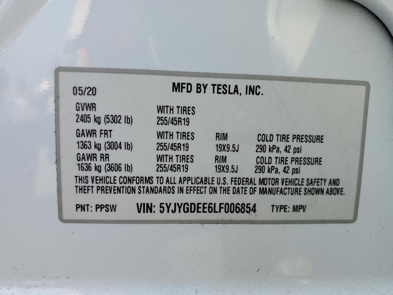 2020 Tesla Model Y VIN: 5YJYGDEE6LF006854 Lot: 64373205