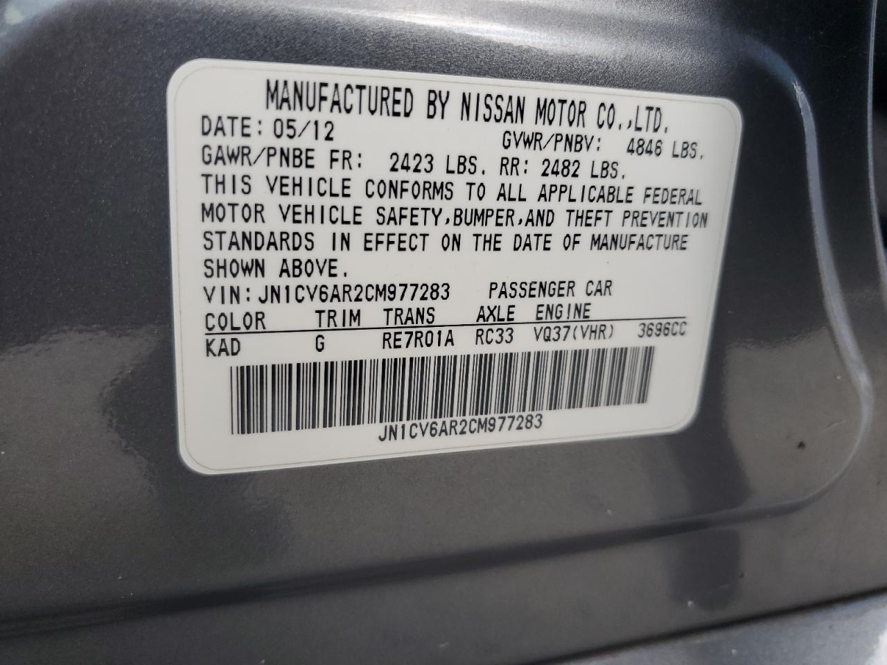 2012 Infiniti G37 VIN: JN1CV6AR2CM977283 Lot: 65252985