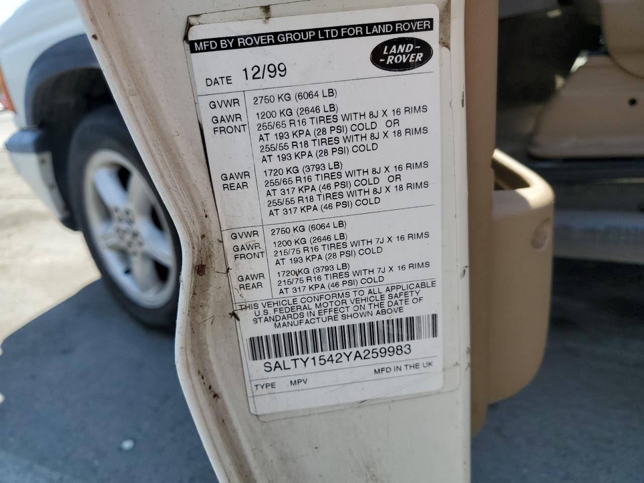 2000 Land Rover Discovery Ii VIN: SALTY1542YA259983 Lot: 63619415