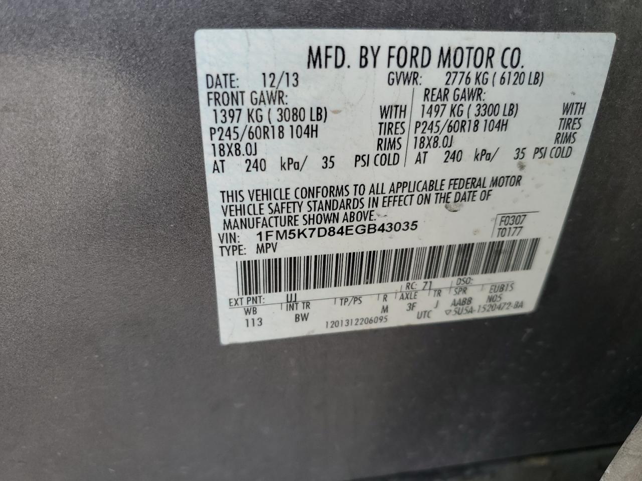 2014 Ford Explorer Xlt VIN: 1FM5K7D84EGB43035 Lot: 65089825