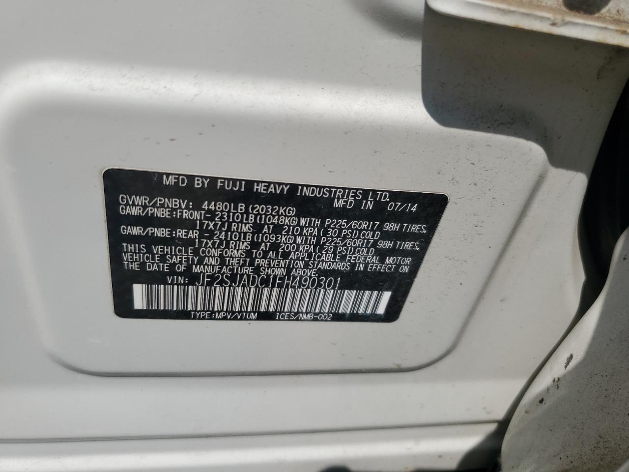 2015 Subaru Forester 2.5I Premium VIN: JF2SJADC1FH490301 Lot: 63689175