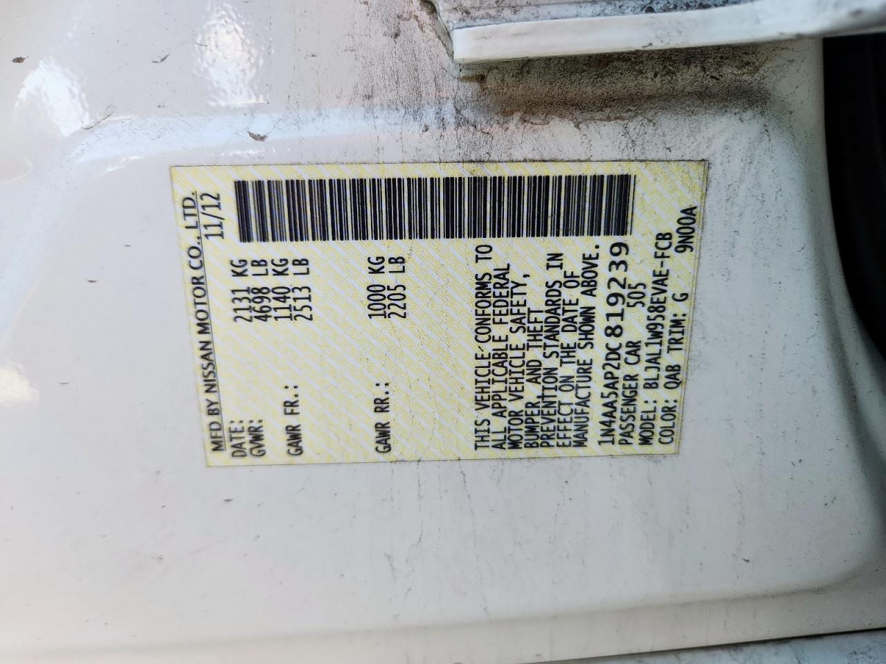 2013 Nissan Maxima S VIN: 1N4AA5AP2DC819239 Lot: 64313925