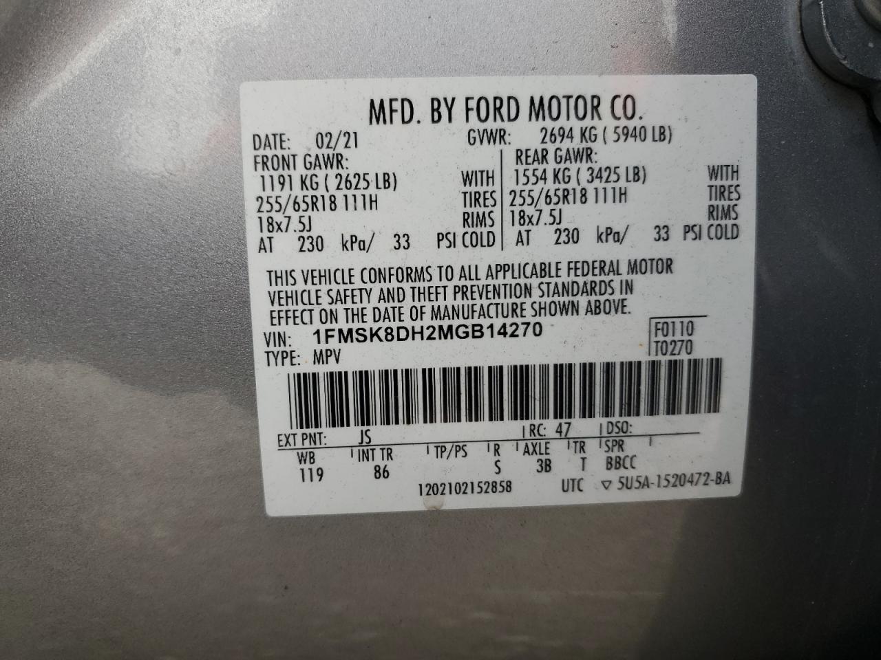 2021 Ford Explorer Xlt VIN: 1FMSK8DH2MGB14270 Lot: 64128095
