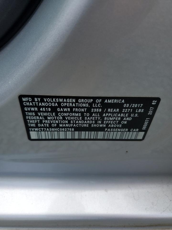 2017 Volkswagen Passat Sel Premium VIN: 1VWCT7A38HC062758 Lot: 63094345
