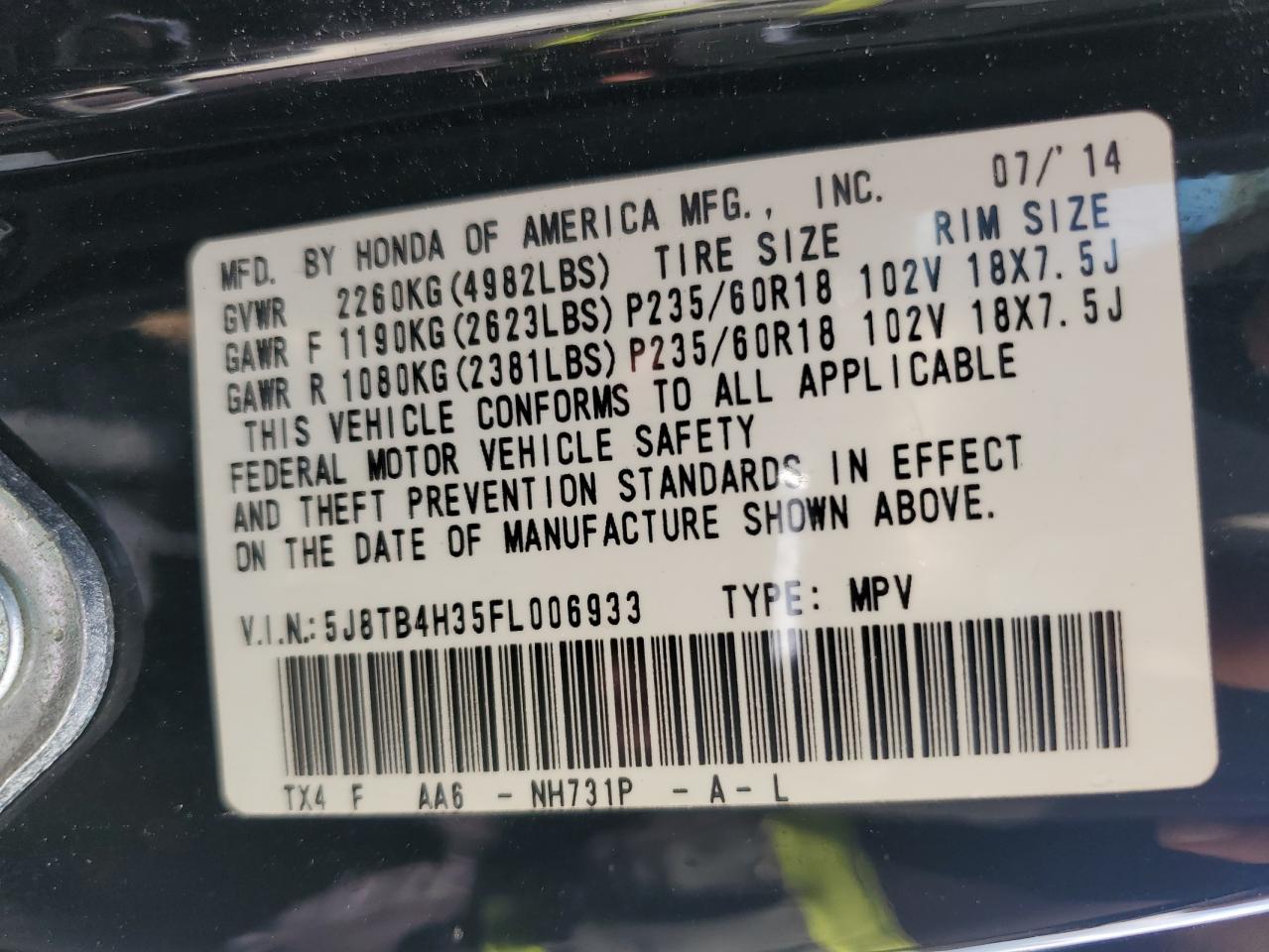 2015 Acura Rdx VIN: 5J8TB4H35FL006933 Lot: 71714395