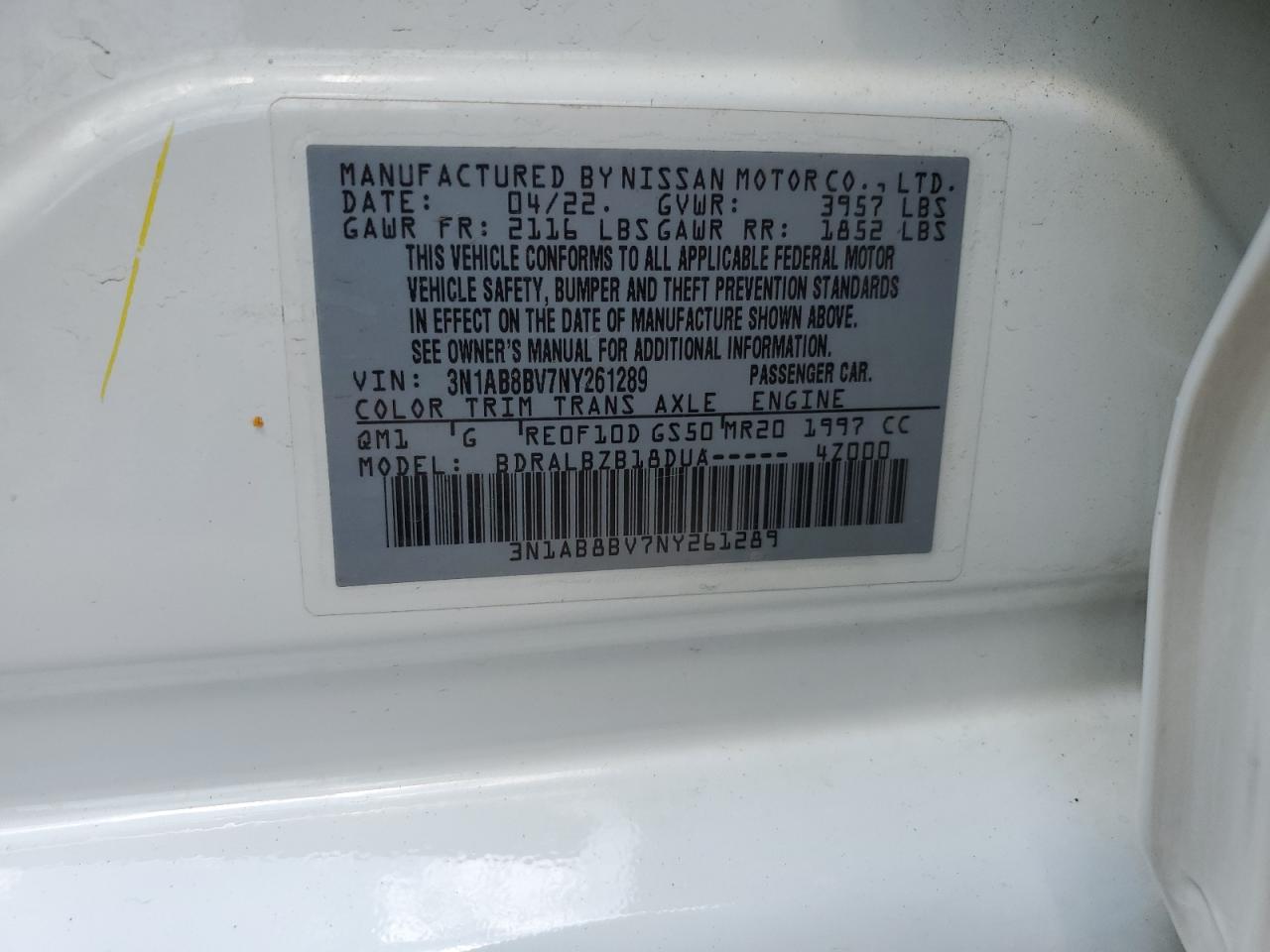 2022 Nissan Sentra S VIN: 3N1AB8BV7NY261289 Lot: 63218115