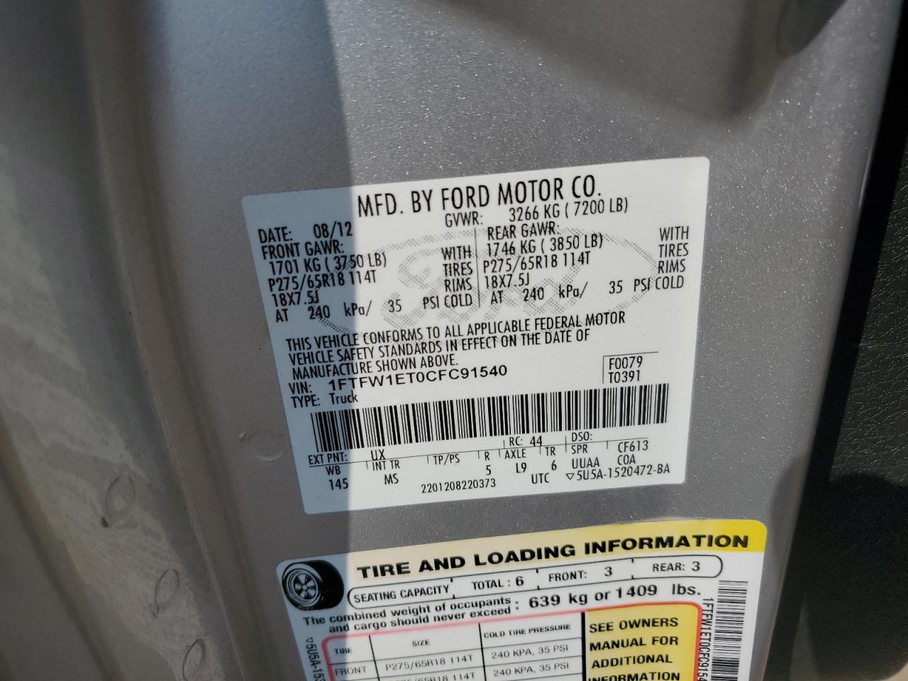 2012 Ford F150 Supercrew VIN: 1FTFW1ET0CFC91540 Lot: 64438515