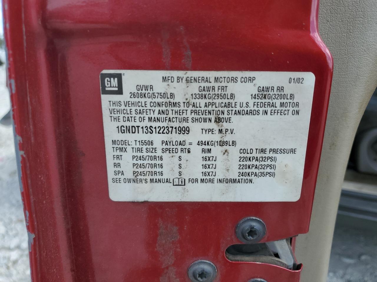 2002 Chevrolet Trailblazer VIN: 1GNDT13S122371999 Lot: 65365475