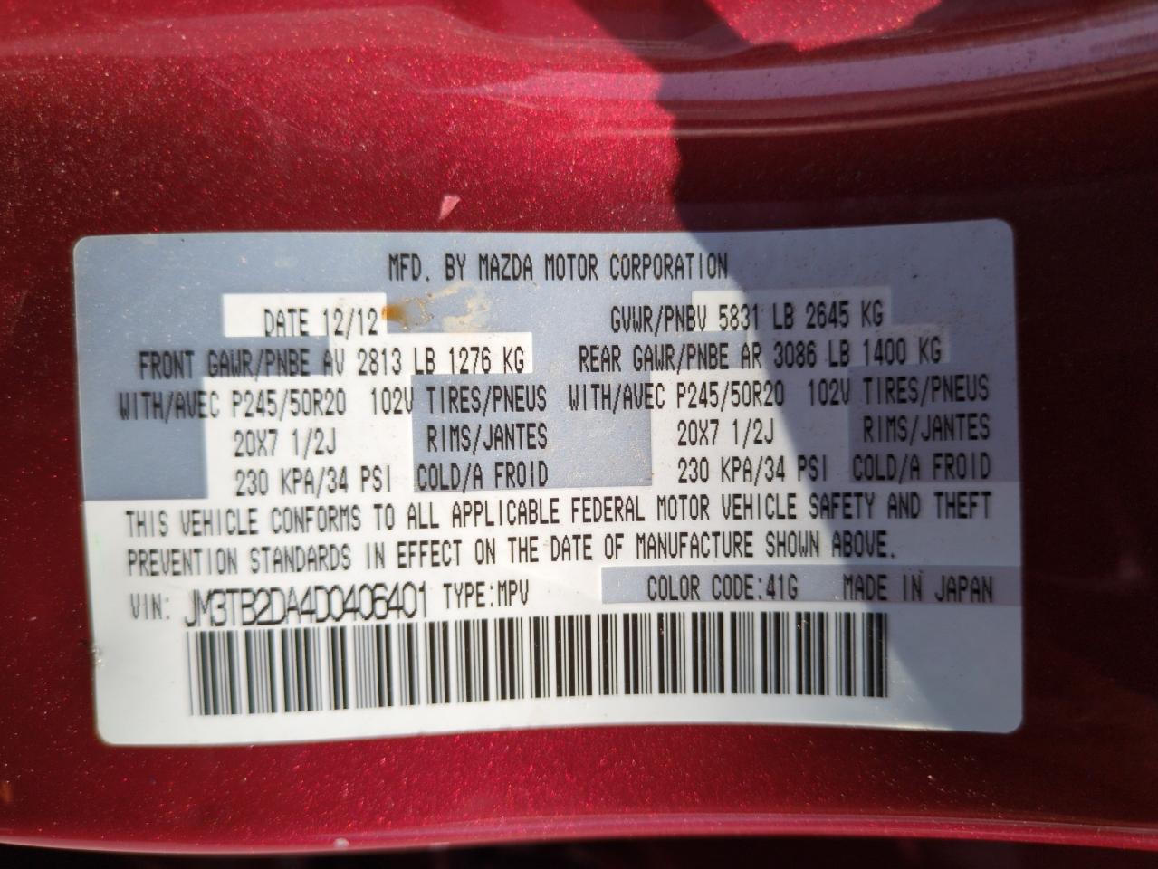 2013 Mazda Cx-9 Grand Touring VIN: JM3TB2DA4D0406401 Lot: 65404535