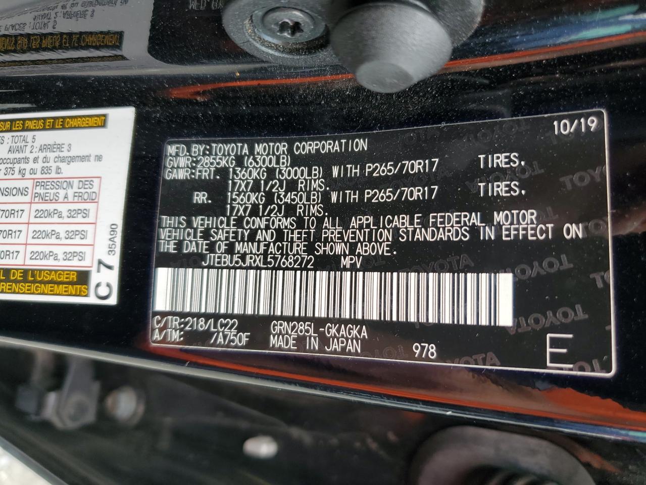 2020 Toyota 4Runner Sr5/Sr5 Premium VIN: JTEBU5JRXL5768272 Lot: 64997125