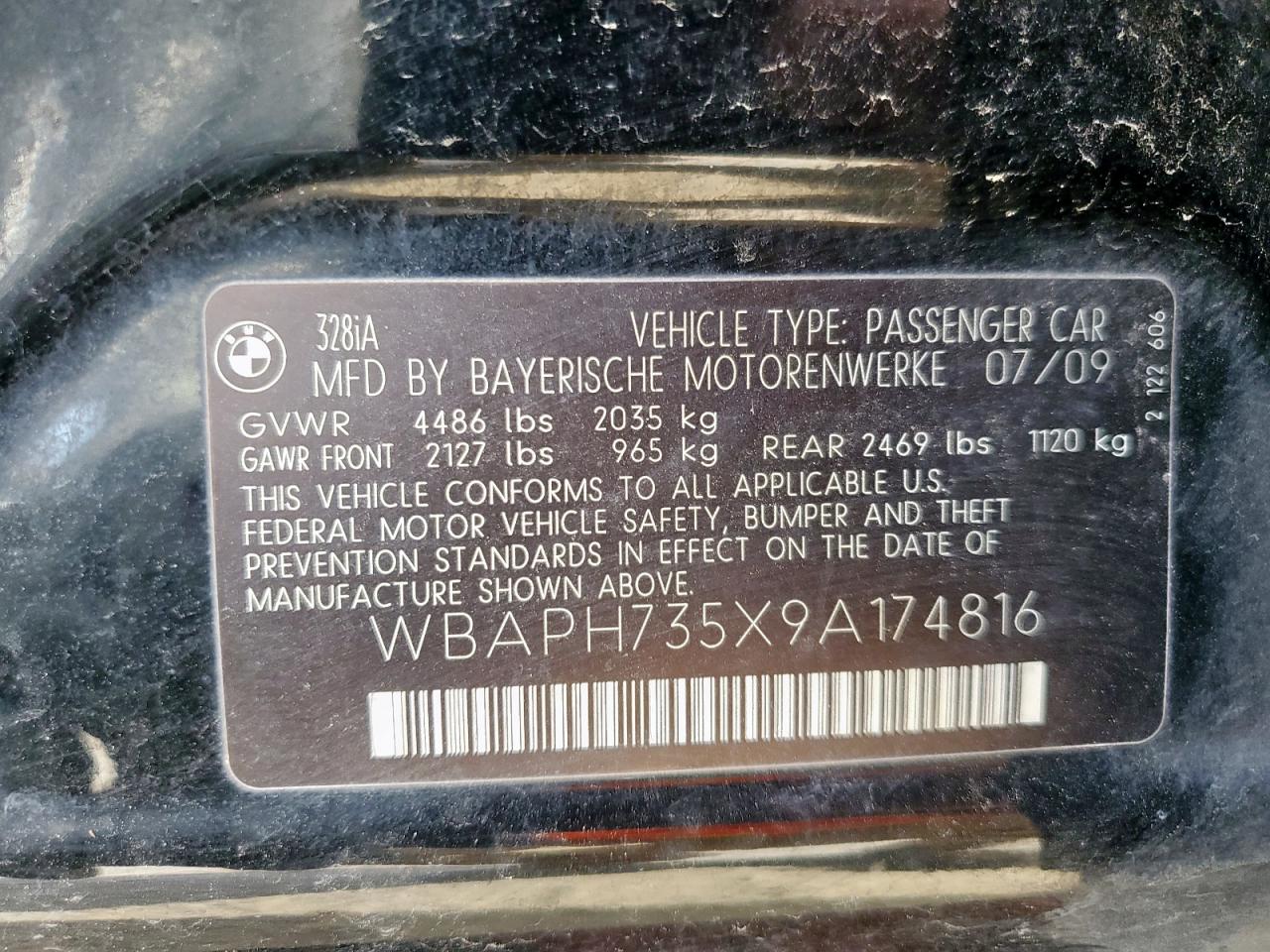 2009 BMW 328 I VIN: WBAPH735X9A174816 Lot: 63056195