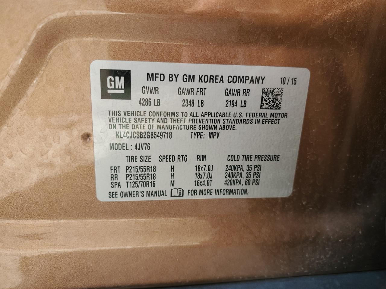 2016 Buick Encore VIN: KL4CJCSB2GB549718 Lot: 64887565