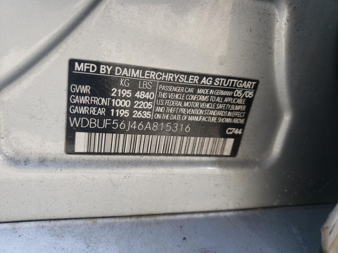 2006 Mercedes-Benz E 350 VIN: WDBUF56J46A815316 Lot: 63642725
