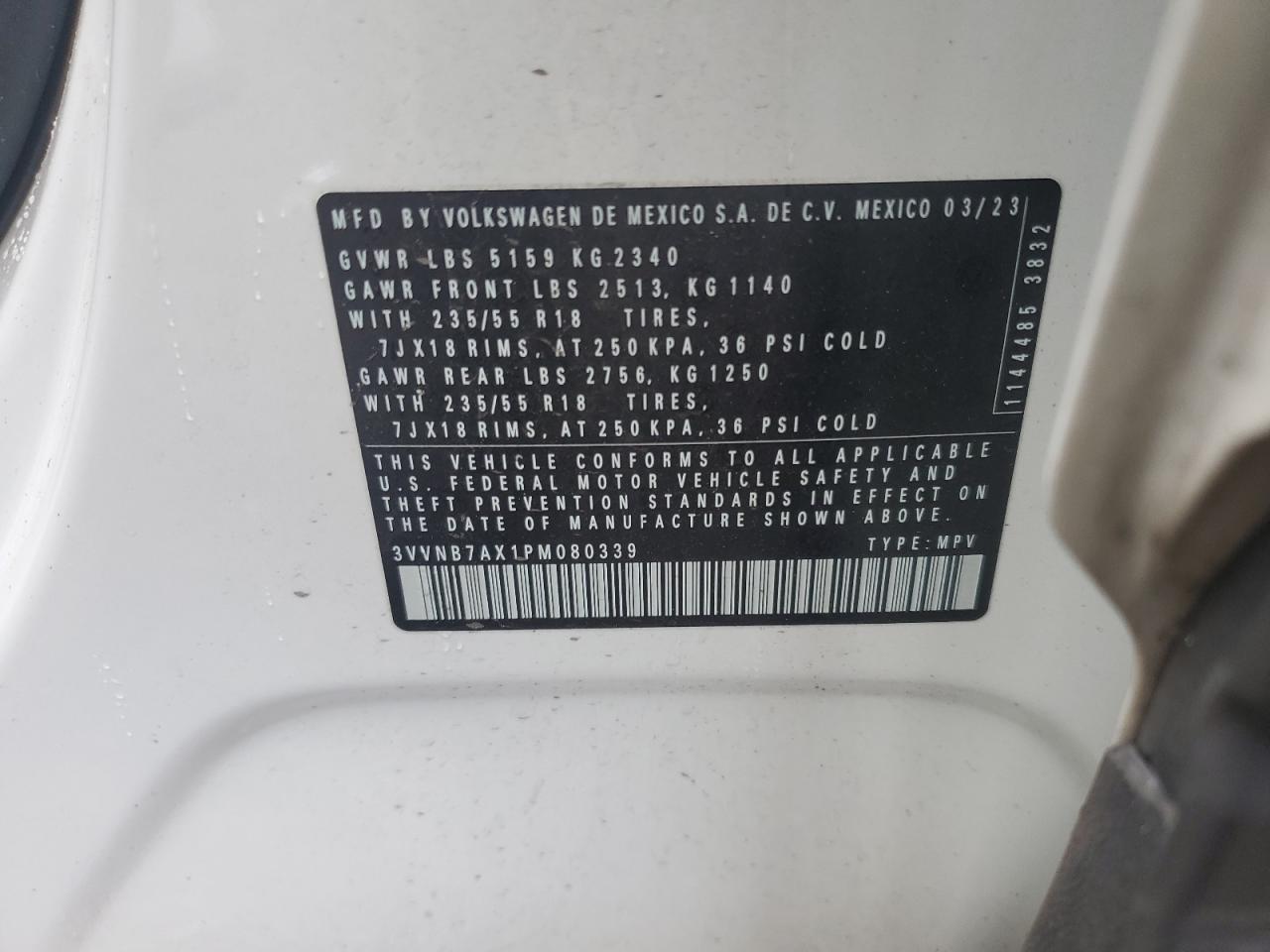 2023 Volkswagen Tiguan Se VIN: 3VVNB7AX1PM080339 Lot: 66852375