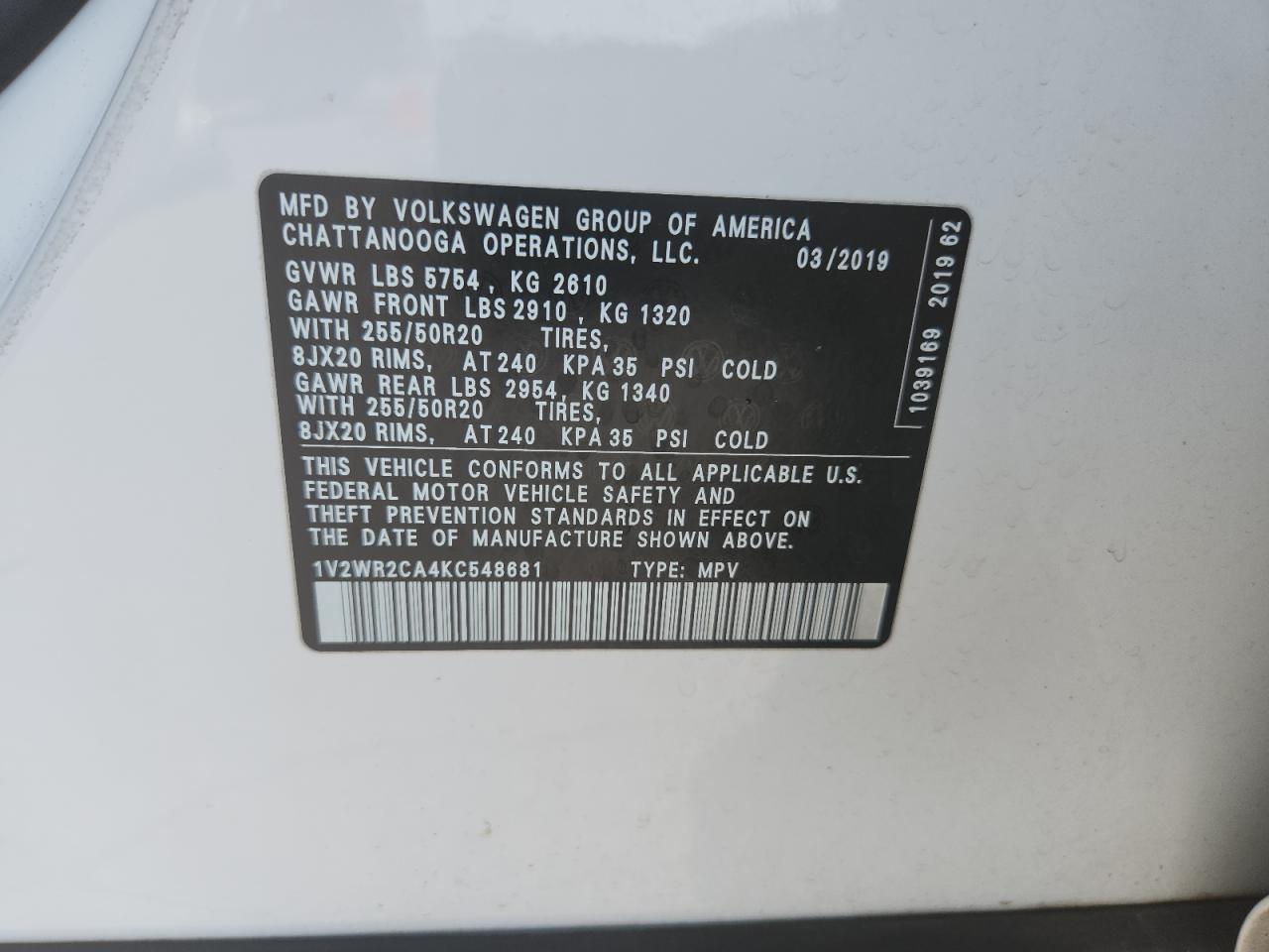 1v2wr2ca4kc548681 1V2WR2CA4KC548681 2019 Volkswagen Atlas Se