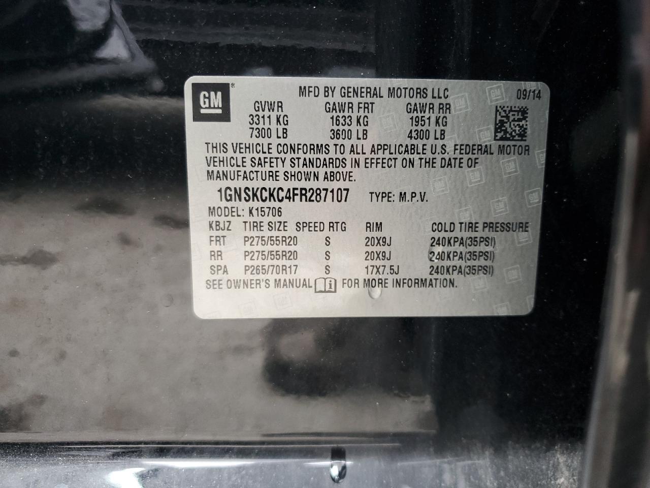 2015 Chevrolet Tahoe K1500 Ltz VIN: 1GNSKCKC4FR287107 Lot: 64548255