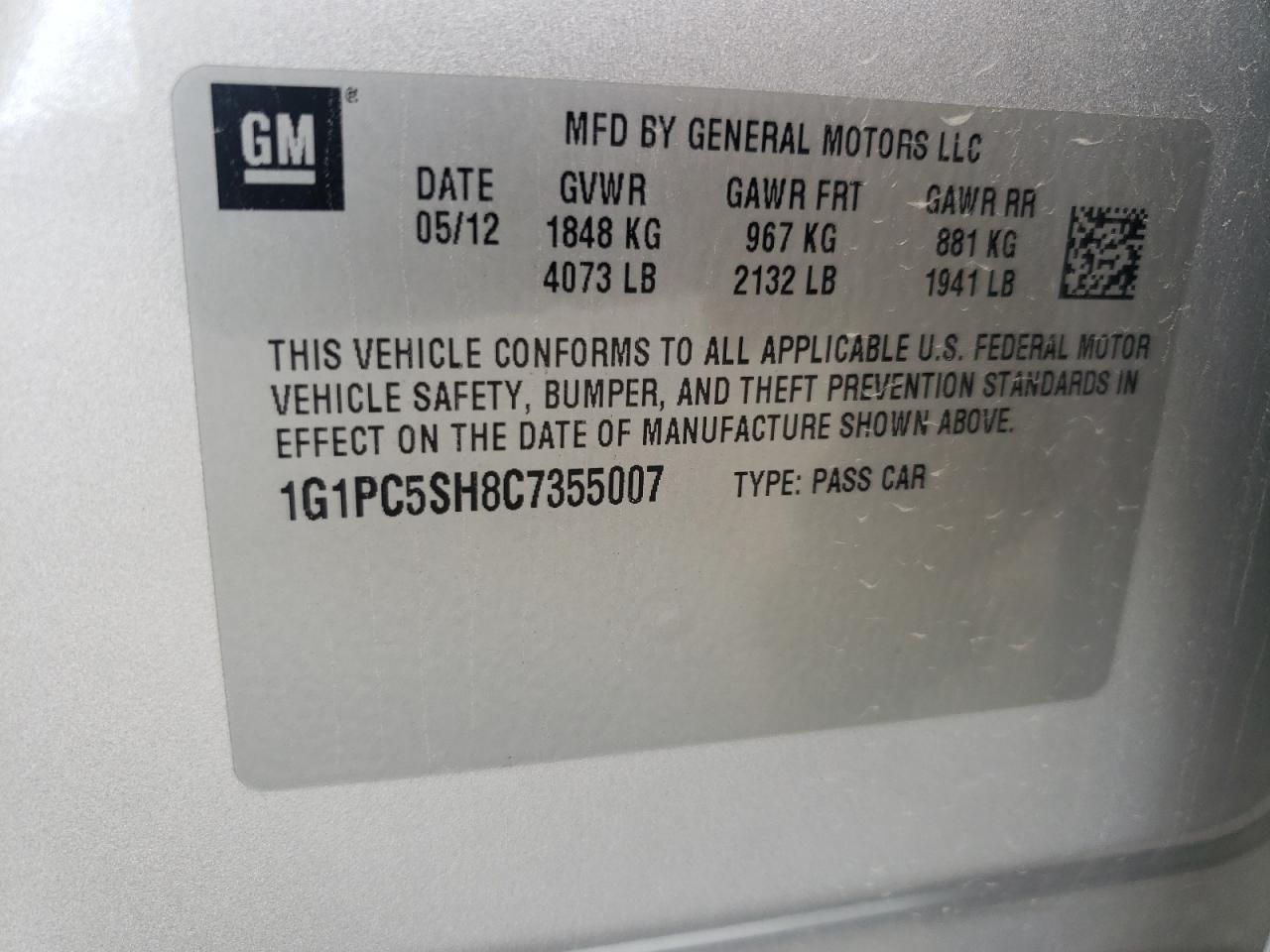 2012 Chevrolet Cruze Ls VIN: 1G1PC5SH8C7355007 Lot: 64976465