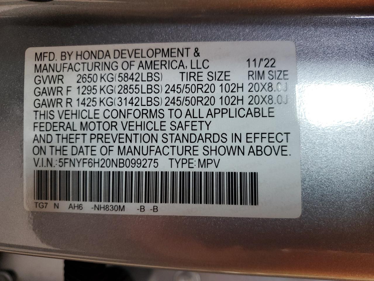 2022 Honda Pilot Se VIN: 5FNYF6H20NB099275 Lot: 64967675