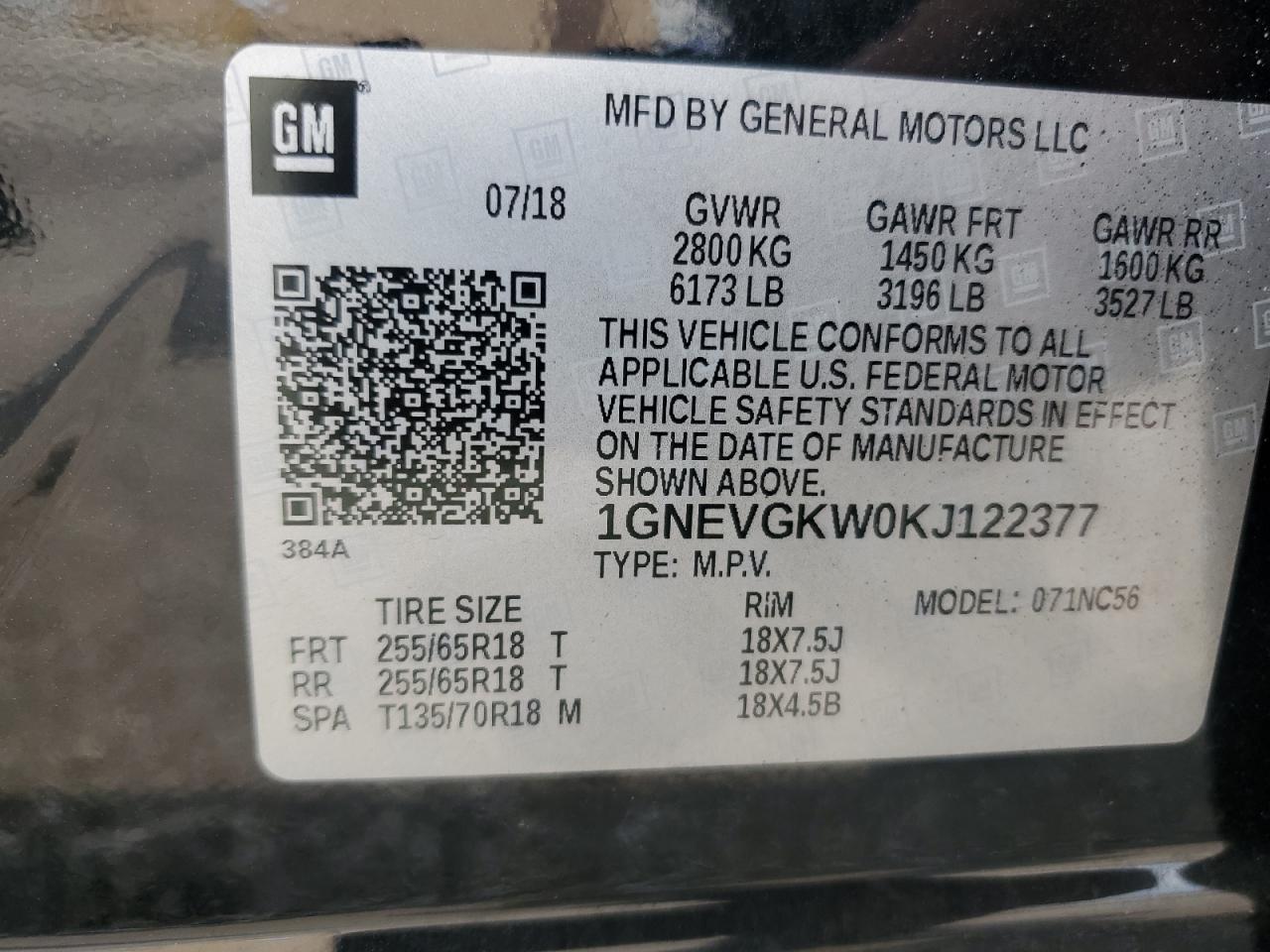 2019 Chevrolet Traverse Lt VIN: 1GNEVGKW0KJ122377 Lot: 65353595