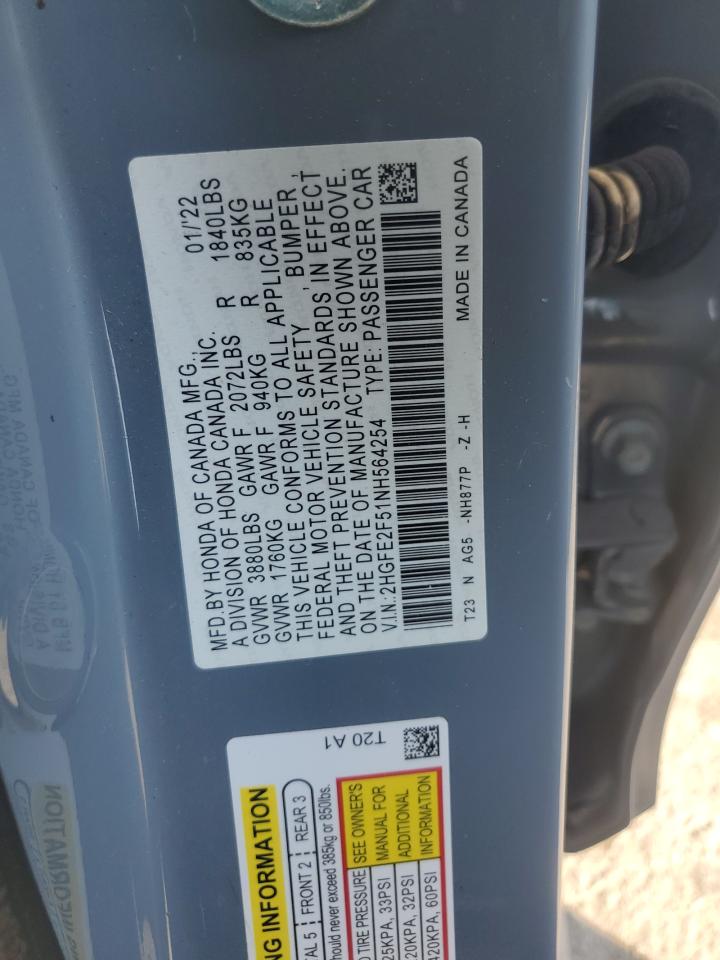 2022 Honda Civic Sport VIN: 2HGFE2F51NH564254 Lot: 66359725