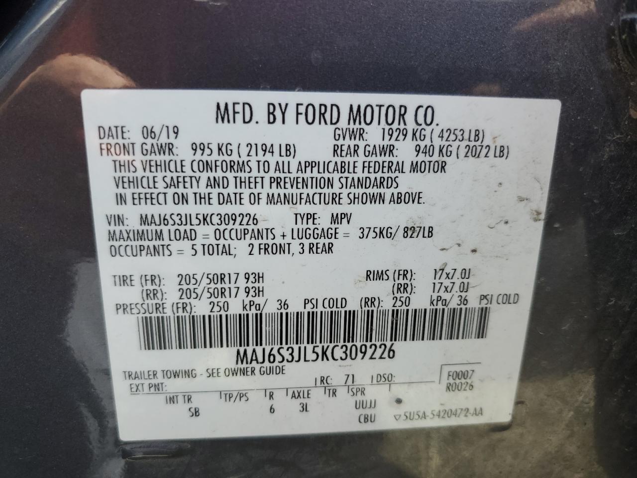 2019 Ford Ecosport Ses VIN: MAJ6S3JL5KC309226 Lot: 64826865