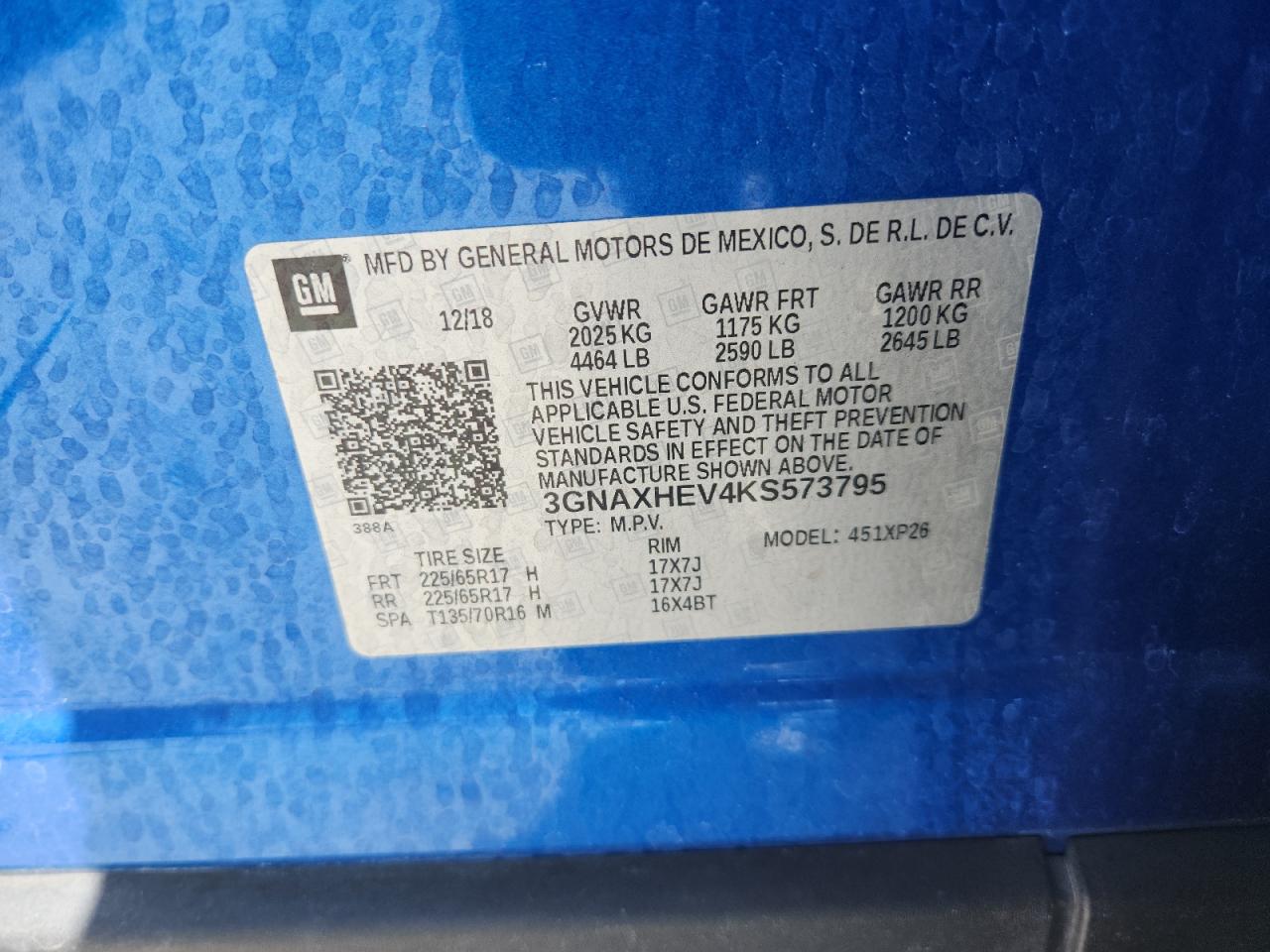 2019 Chevrolet Equinox Ls VIN: 3GNAXHEV4KS573795 Lot: 65174675
