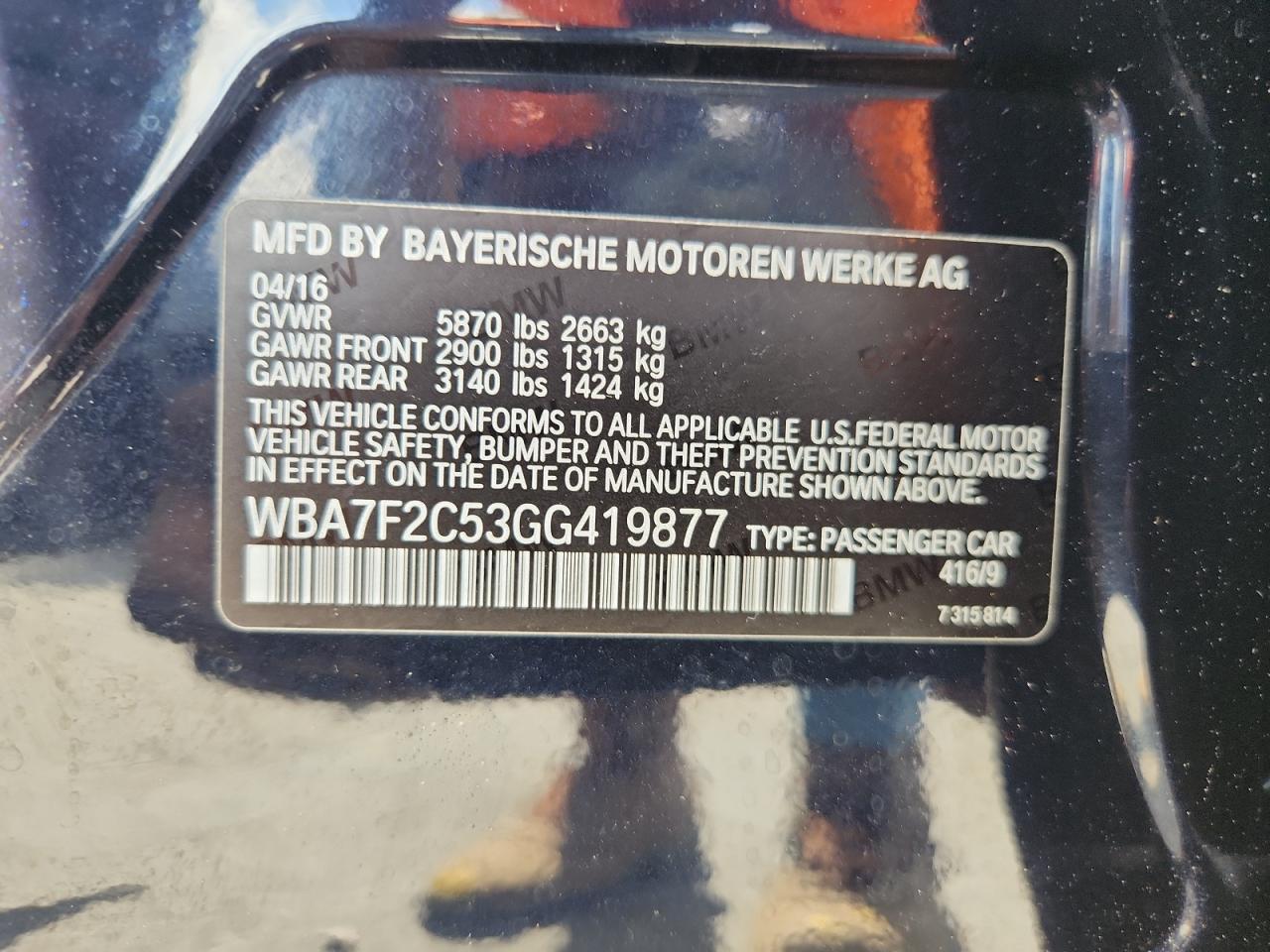 2016 BMW 750 Xi VIN: WBA7F2C53GG419877 Lot: 62654255
