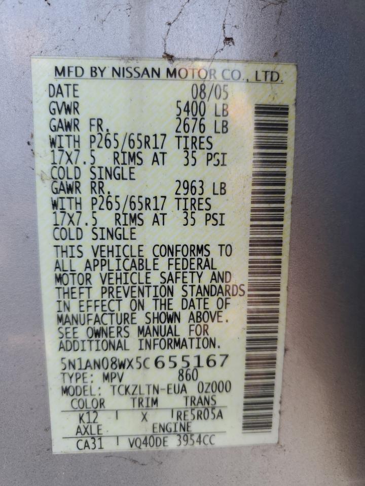 5n1an08wx5c655167 5N1AN08WX5C655167 2005 Nissan Xterra Off Road