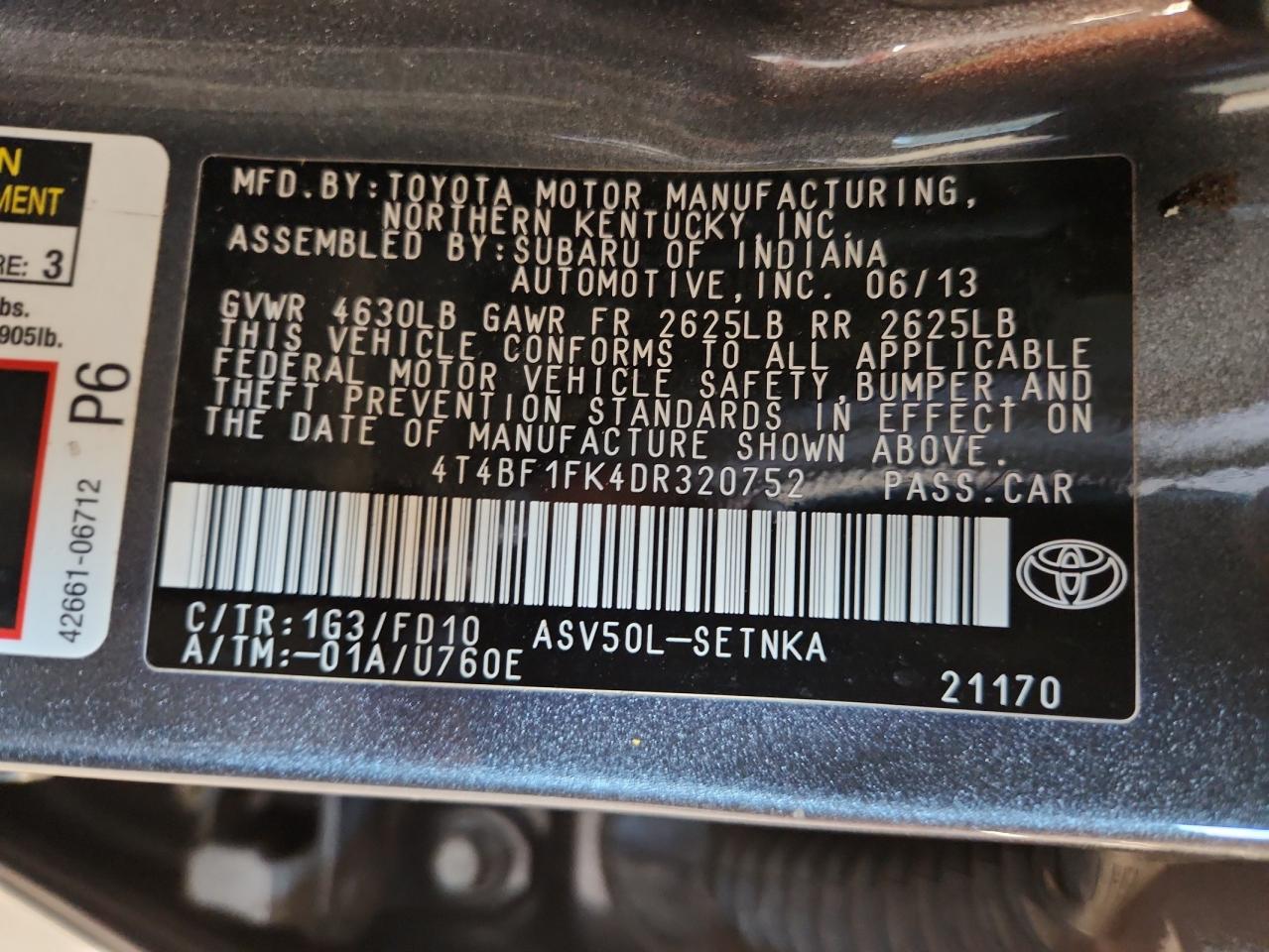 2013 Toyota Camry L VIN: 4T4BF1FK4DR320752 Lot: 64687155