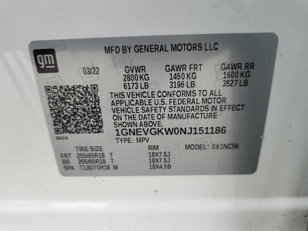 2022 Chevrolet Traverse Lt VIN: 1GNEVGKW0NJ151186 Lot: 63807535