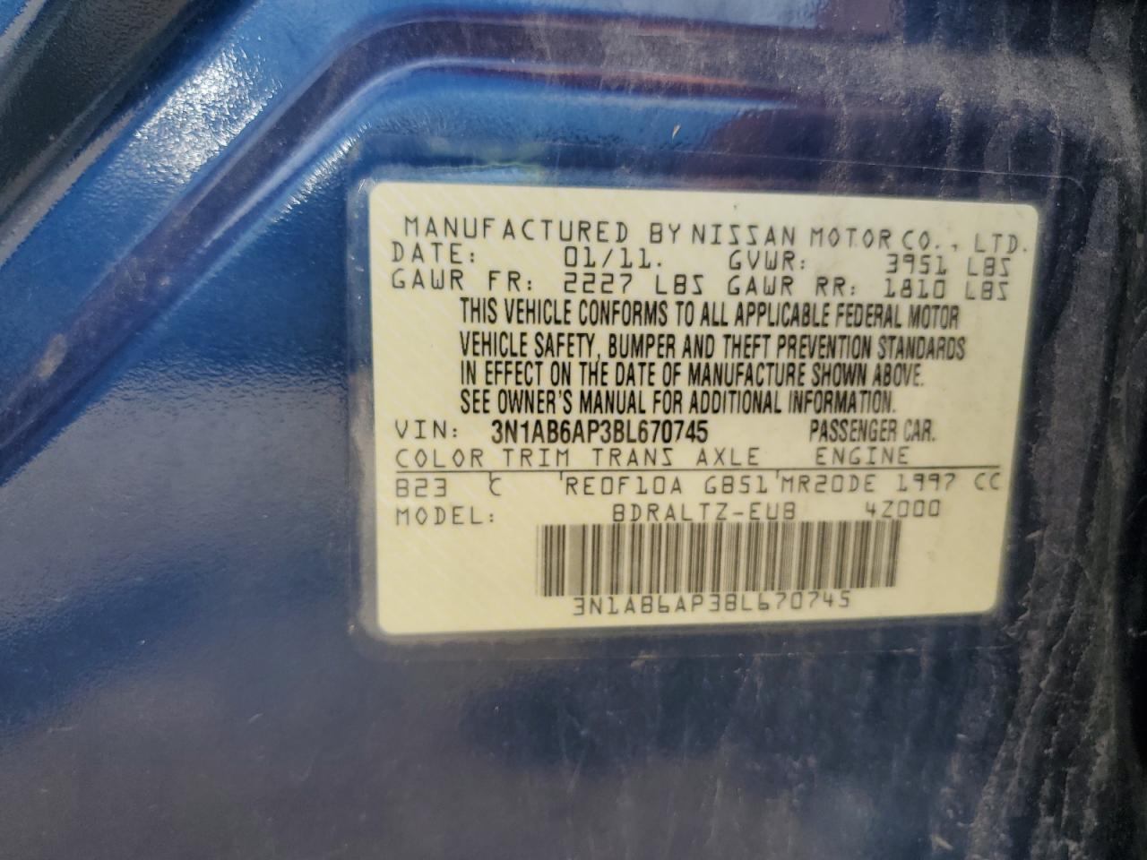 2011 Nissan Sentra 2.0 VIN: 3N1AB6AP3BL670745 Lot: 62726155