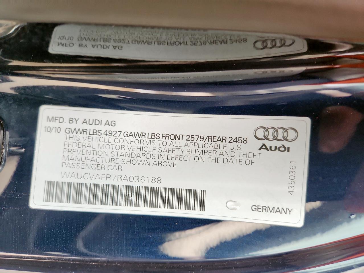 2011 Audi S5 Premium Plus VIN: WAUCVAFR7BA036188 Lot: 62870425