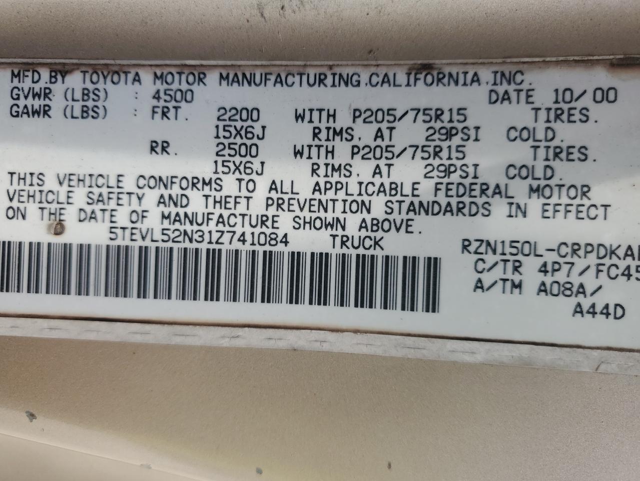 2001 Toyota Tacoma Xtracab VIN: 5TEVL52N31Z741084 Lot: 65985935