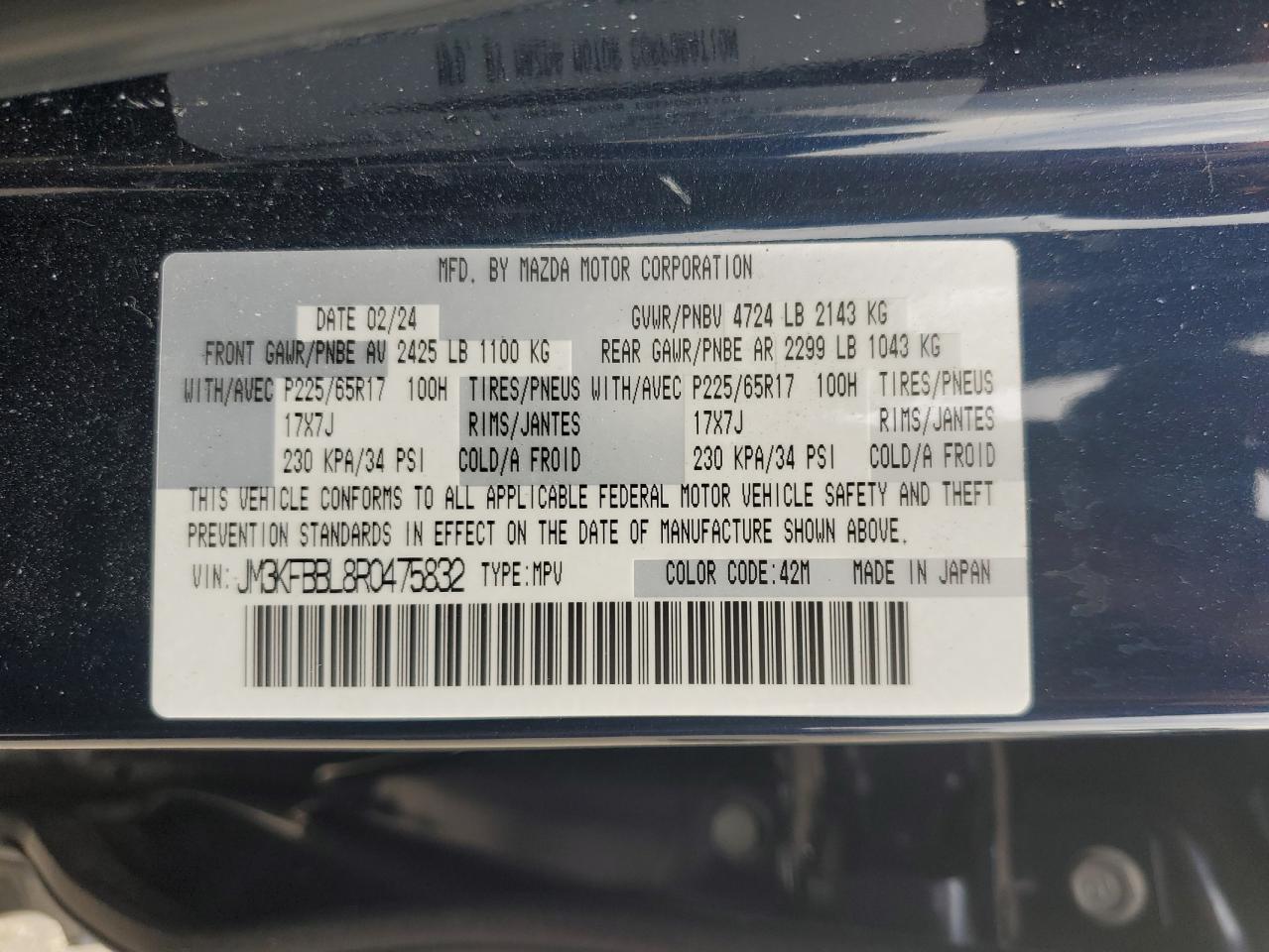 2024 Mazda Cx-5 Select VIN: JM3KFBBL8R0475832 Lot: 63926865