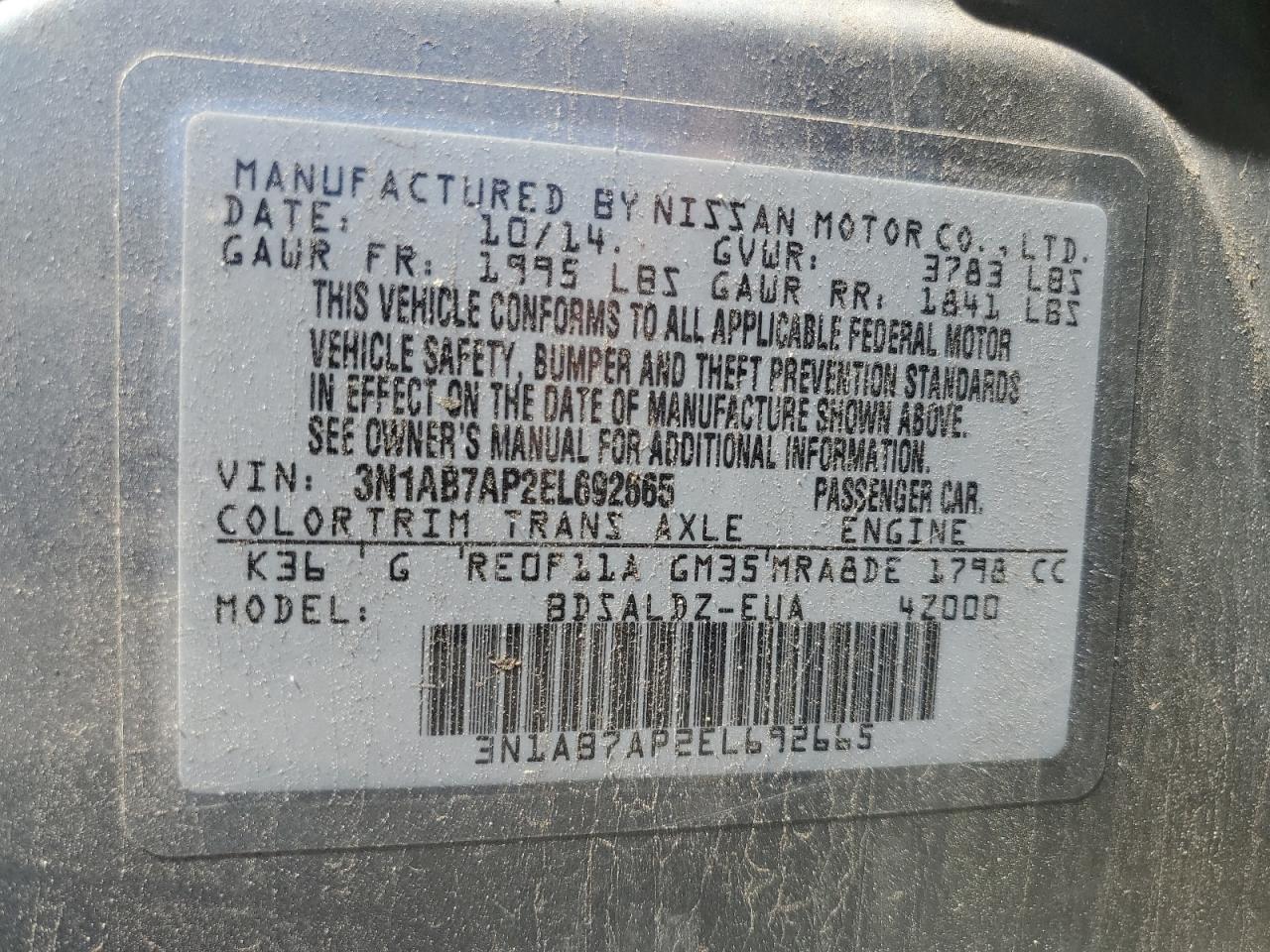 2014 Nissan Sentra S VIN: 3N1AB7AP2EL692665 Lot: 62776185