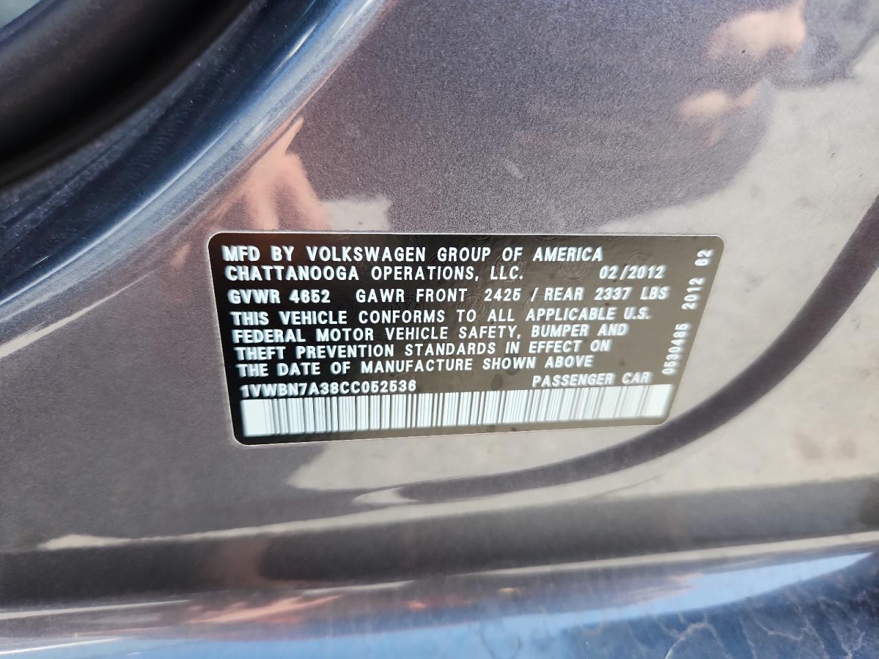 2012 Volkswagen Passat Se VIN: 1VWBN7A38CC052536 Lot: 65259725