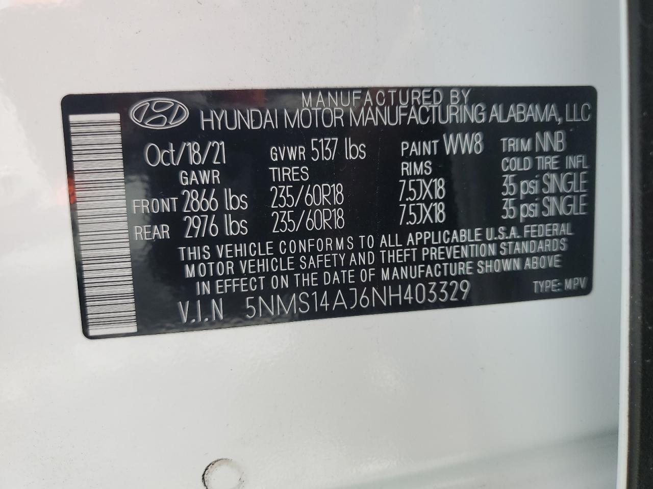 2022 Hyundai Santa Fe Se VIN: 5NMS14AJ6NH403329 Lot: 65152435