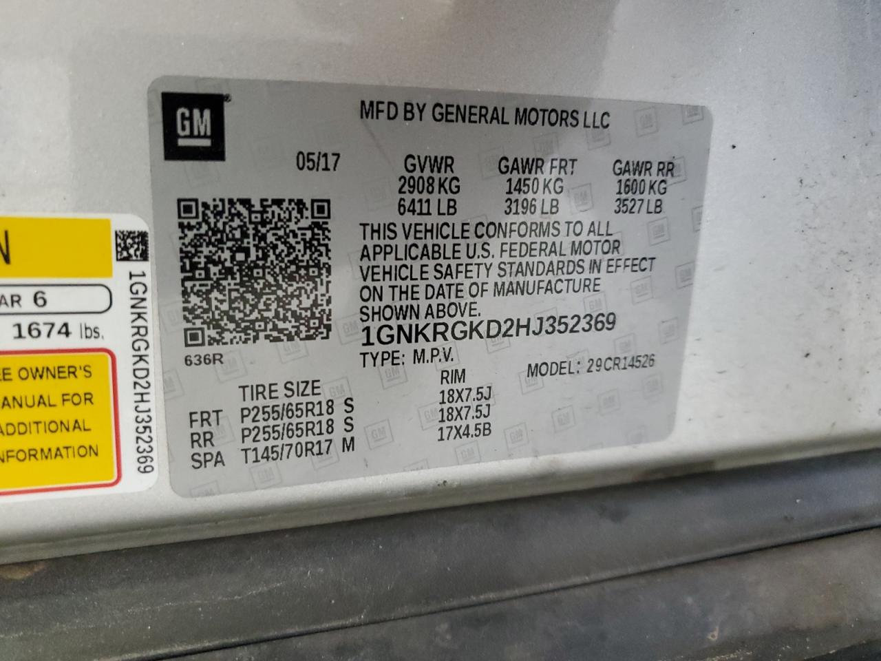 2017 Chevrolet Traverse Lt VIN: 1GNKRGKD2HJ352369 Lot: 63285075