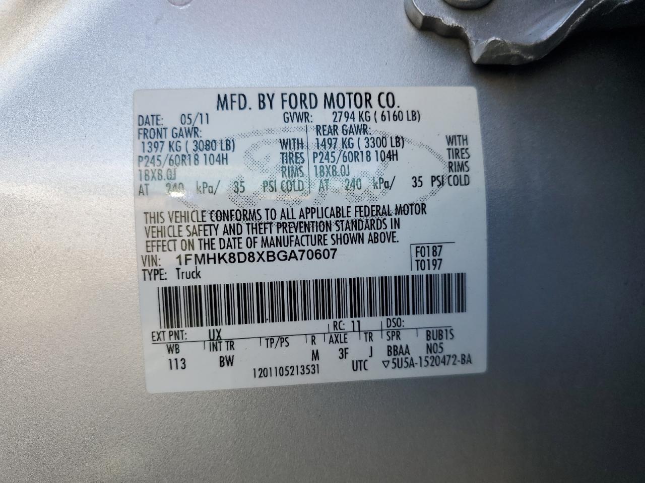 2011 Ford Explorer Xlt VIN: 1FMHK8D8XBGA70607 Lot: 65608405