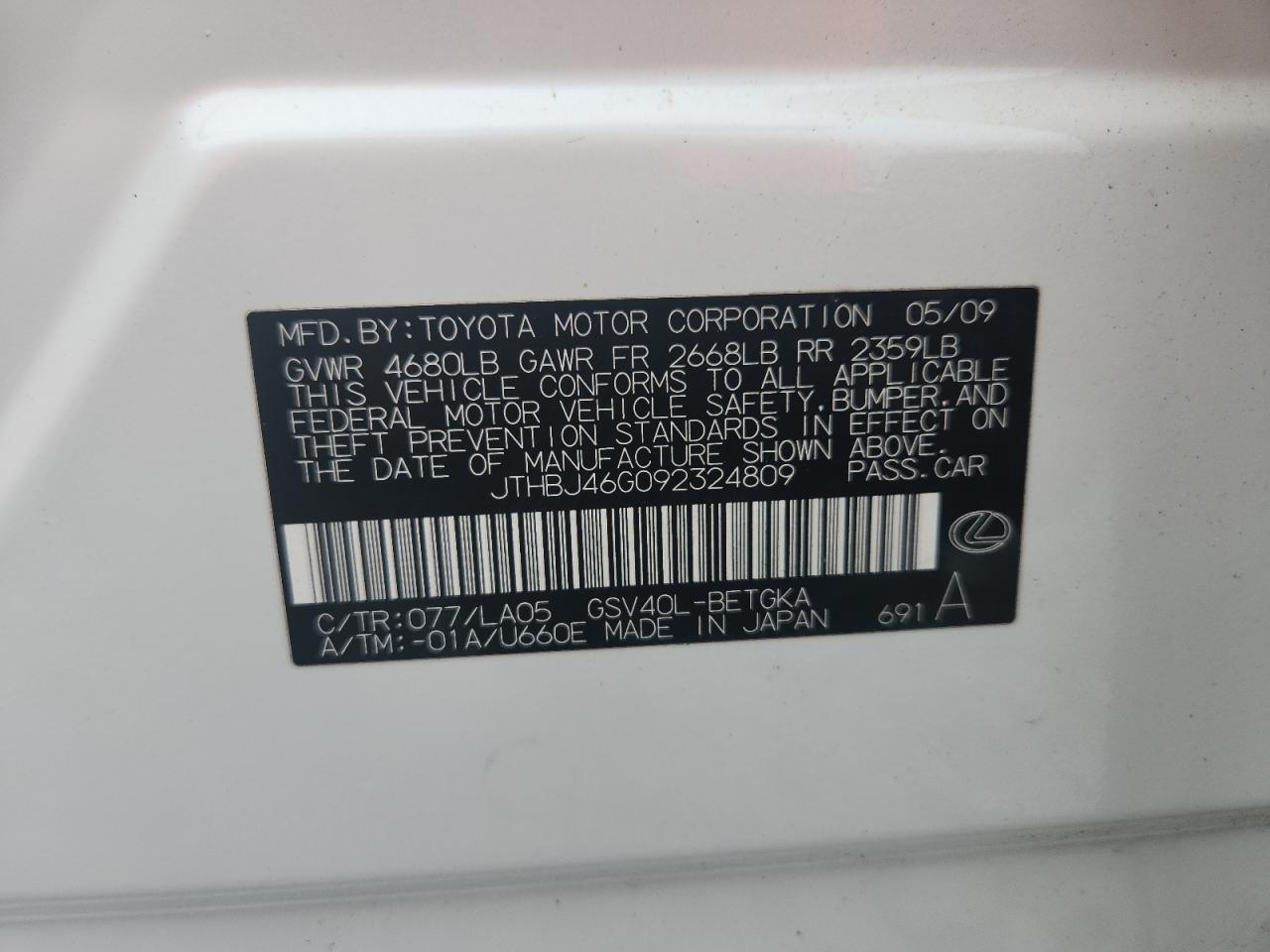 2009 Lexus Es 350 VIN: JTHBJ46G092324809 Lot: 64066615