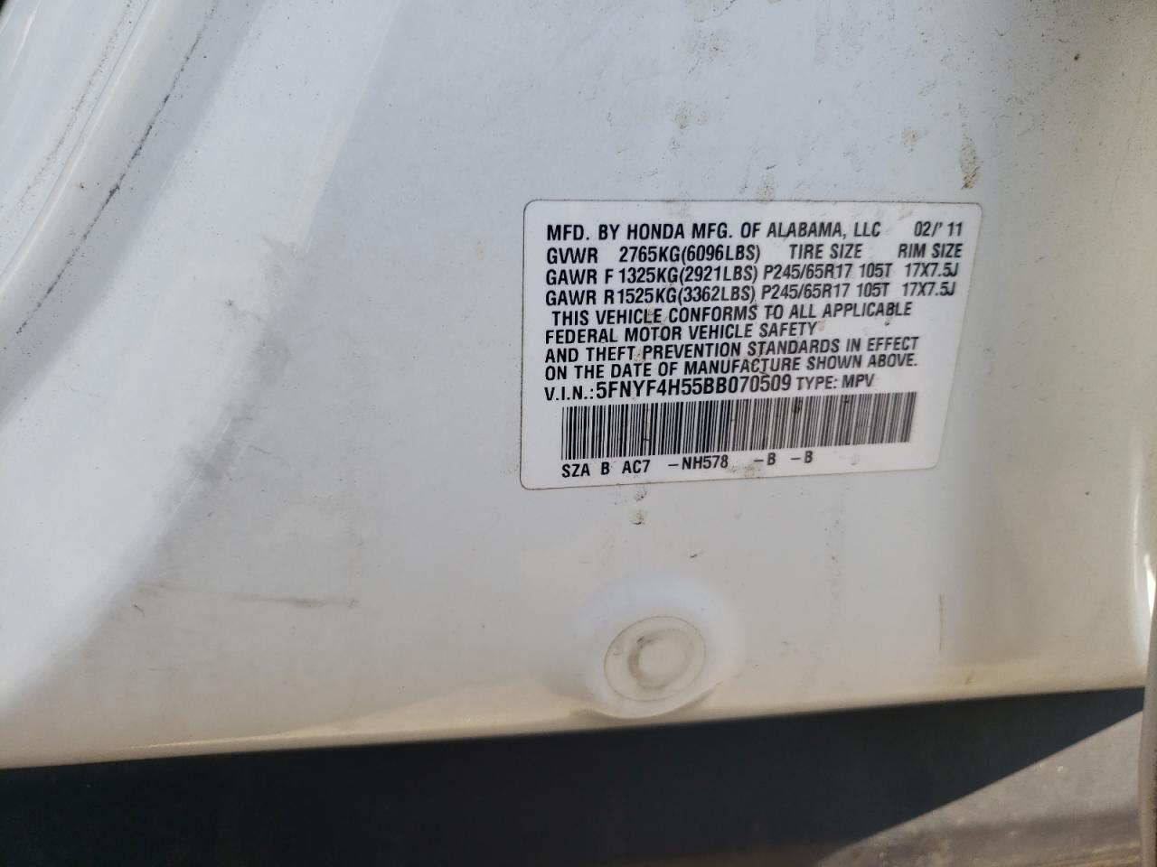 2011 Honda Pilot Exl VIN: 5FNYF4H55BB070509 Lot: 64093725