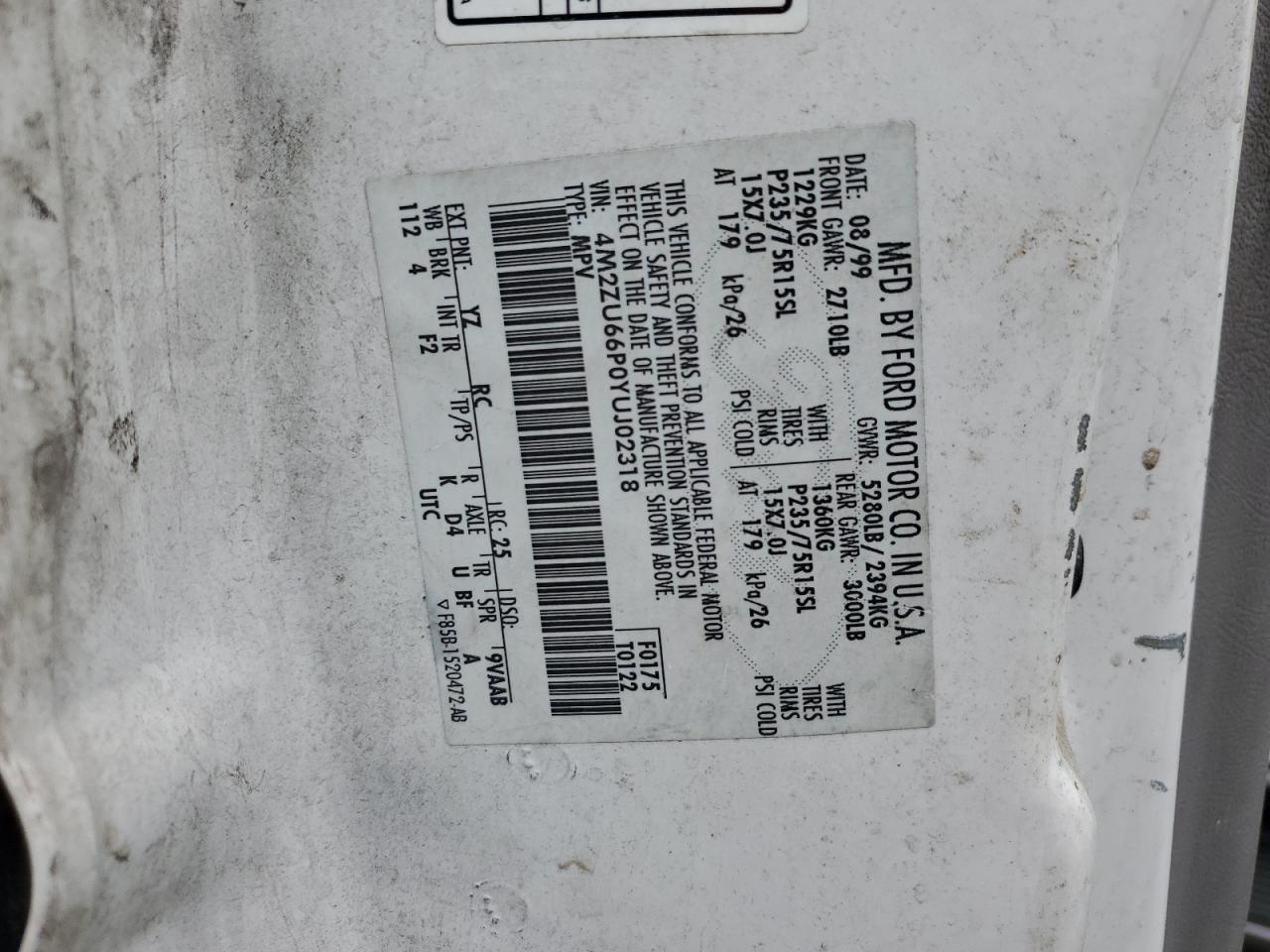 2000 Mercury Mountaineer VIN: 4M2ZU66P0YUJ02318 Lot: 64390315